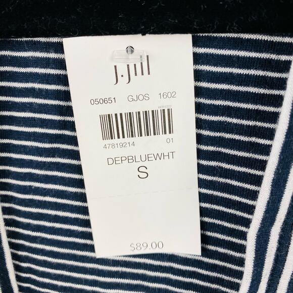 J. Jill Navy Blue & White Striped Long Open Cardigan Small Classic Minimal NWT - Picture 3 of 6